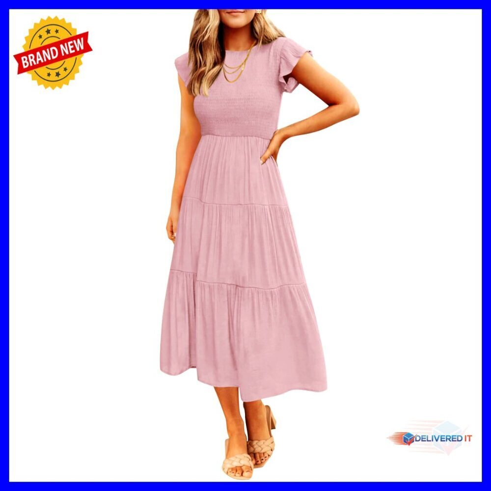 Summer Casual Flutter Sleeve Smocked Midi Dress Elastic Waist Tiered Feminine